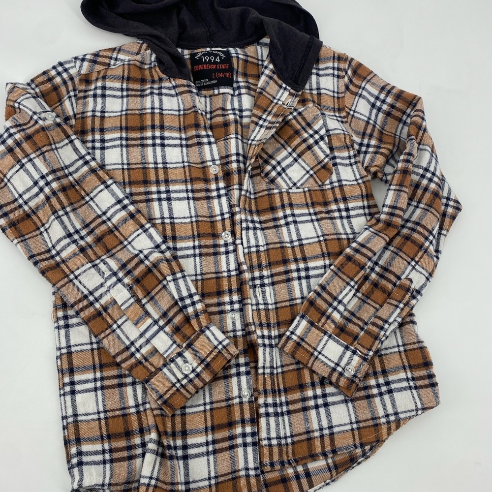 Pre-owned Sovereign State boys’ hooded flannel shirt in a brown and white plaid